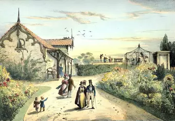 A view of London Zoo by James Hakewill from 1835 and featuring the Raven's Cage and the Llama House. In the background a bear is being fed by visitors. The Raven's Cage has since been relocated.