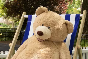 A big teddy bear in a deck chair with blue and white vertical stripes
