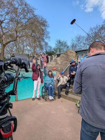 Blue Peter presenters at Penguin Beach for Blue Peter filming