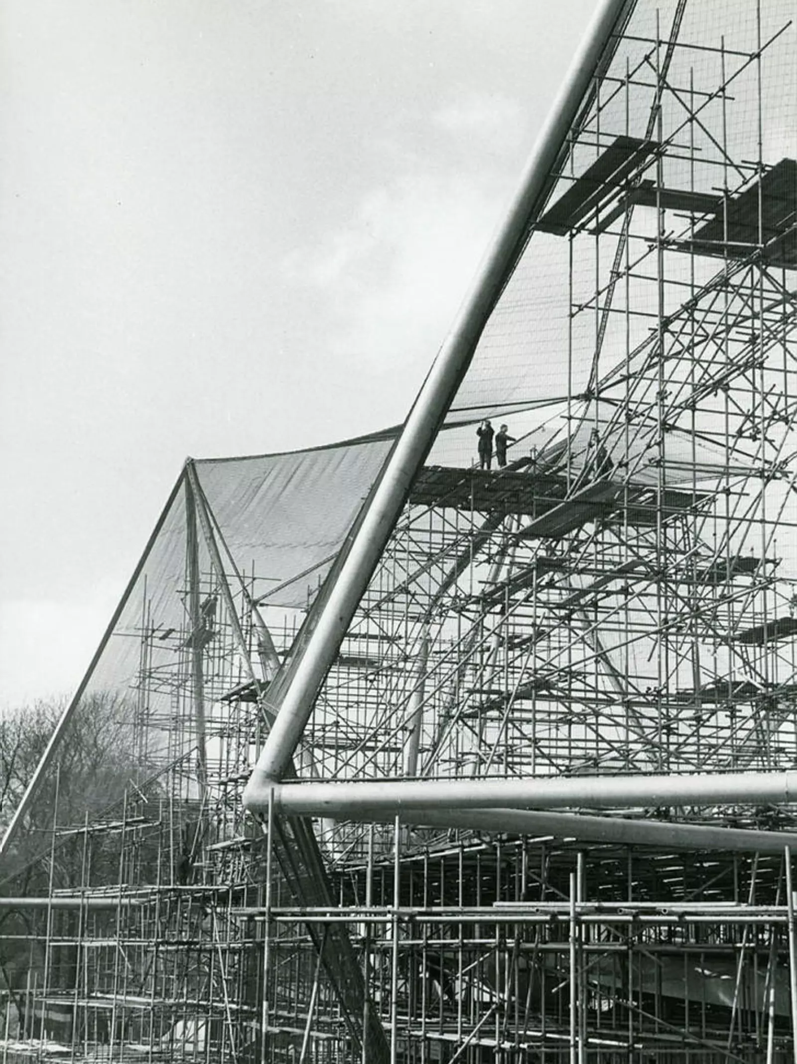 The Snowdon Aviary under construction in the summer of 1964. Seen from across the Regent's Canal with a lifebuoy on the railings in the foreground. 