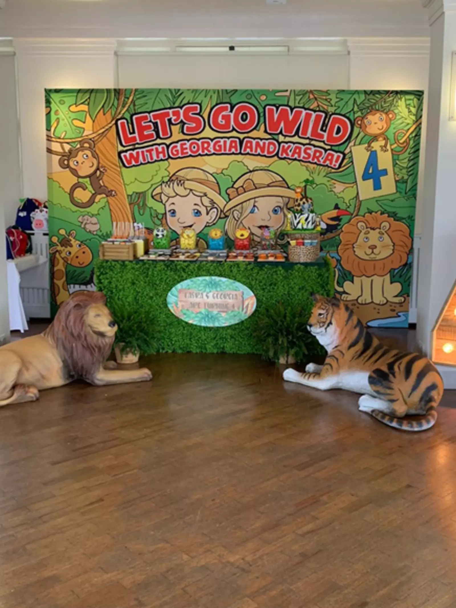 A London Zoo venue is decorated with a wildlife theme for a children's birthday party 
