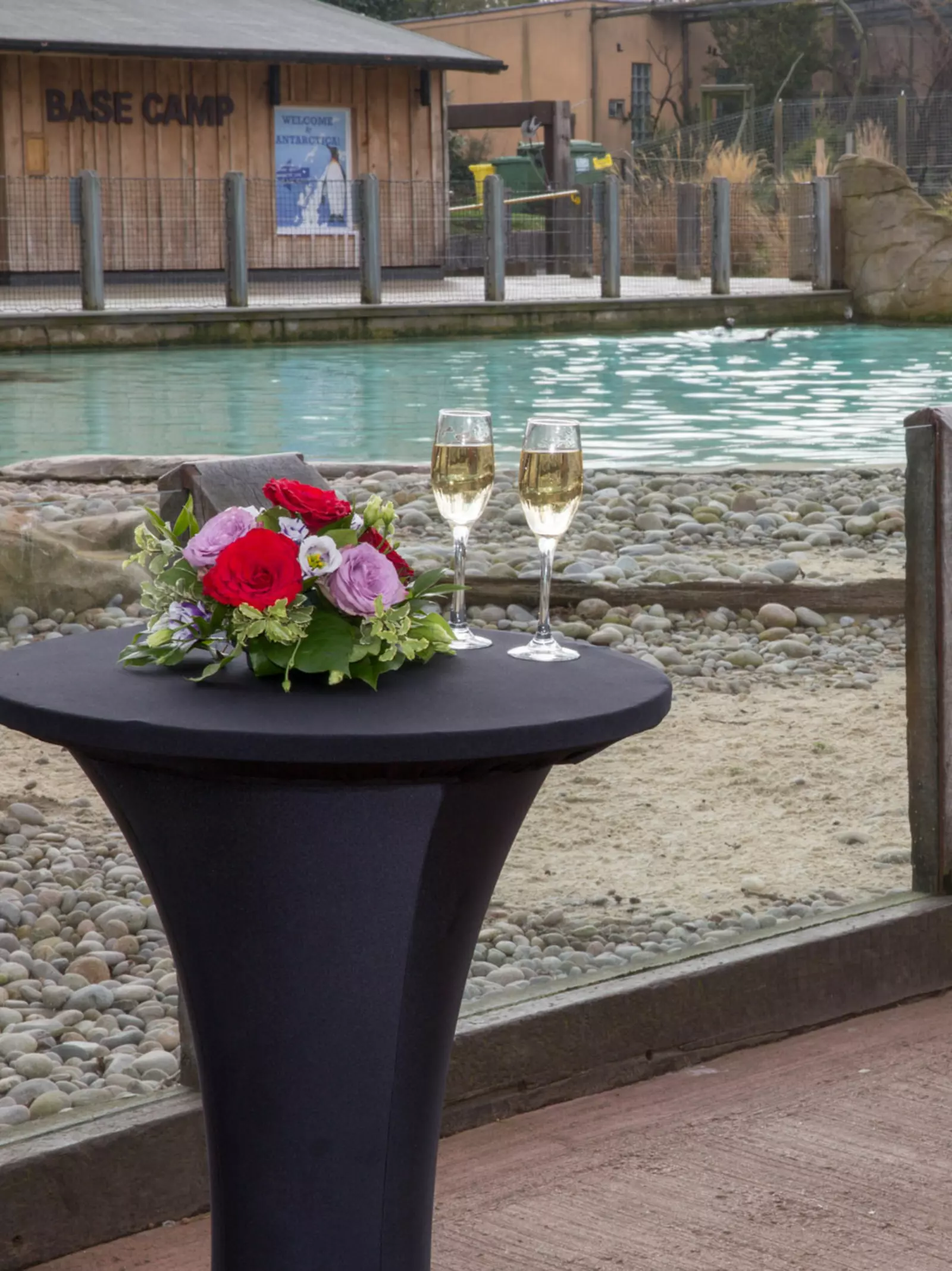 A small black table with two flutes of champagne and flowers ready for an event 