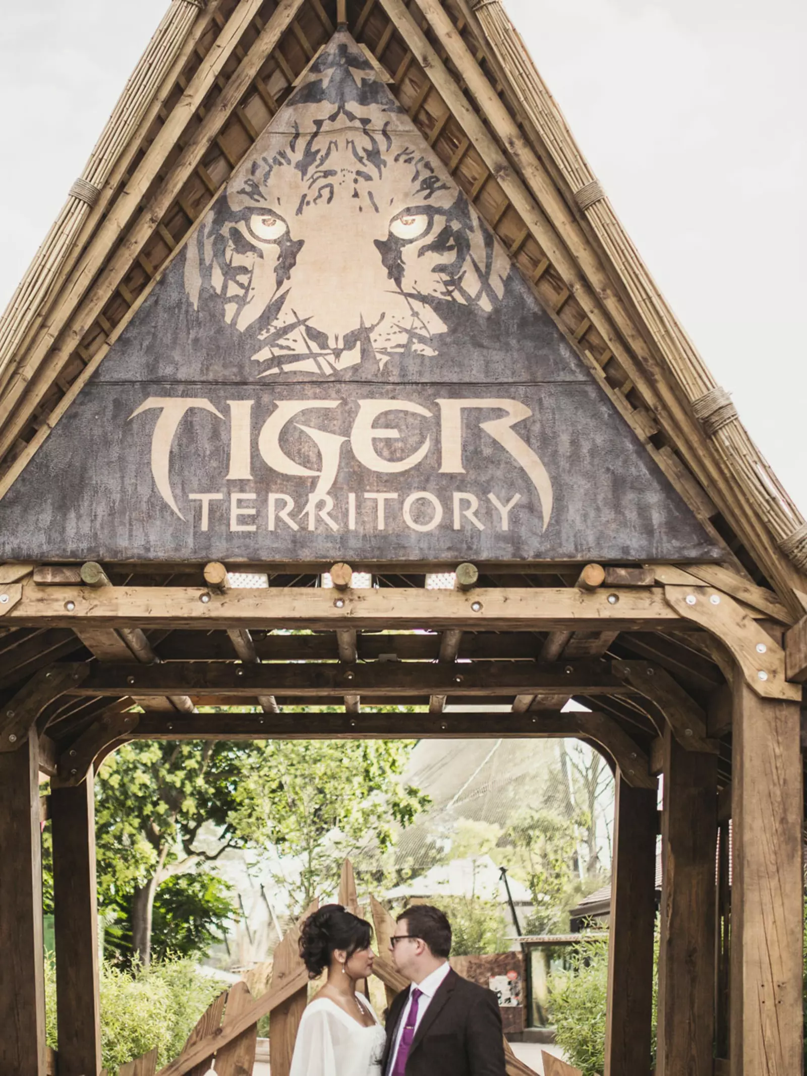 A wedding couple kiss at the entrance to Tiger Territory 