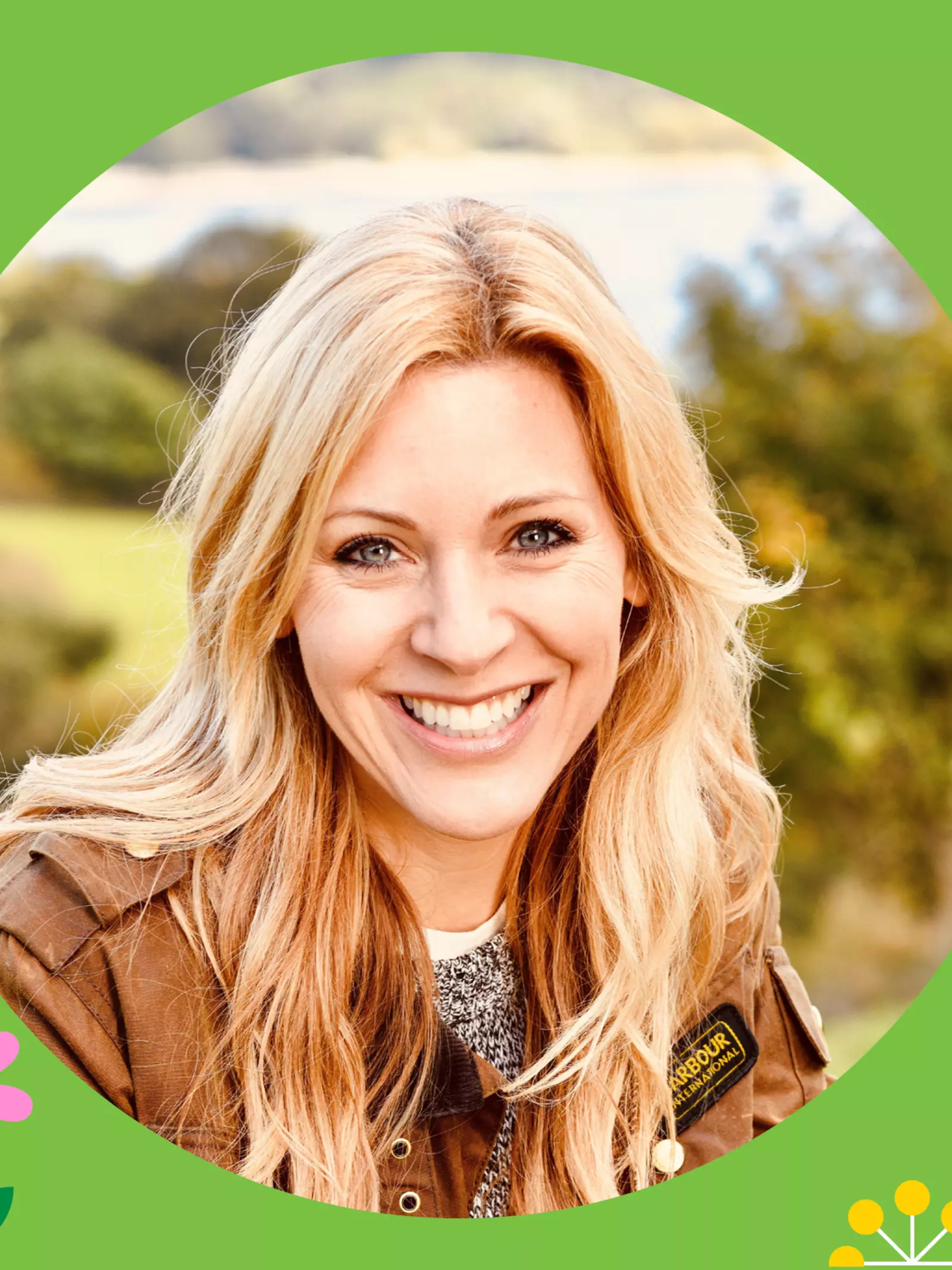 A circle image of Naomi Wilkinson, a white caucasian woman with long blonde hair and wearing a brown jacket, surrounded by a bright green background and colourful cartoon flowers and bugs