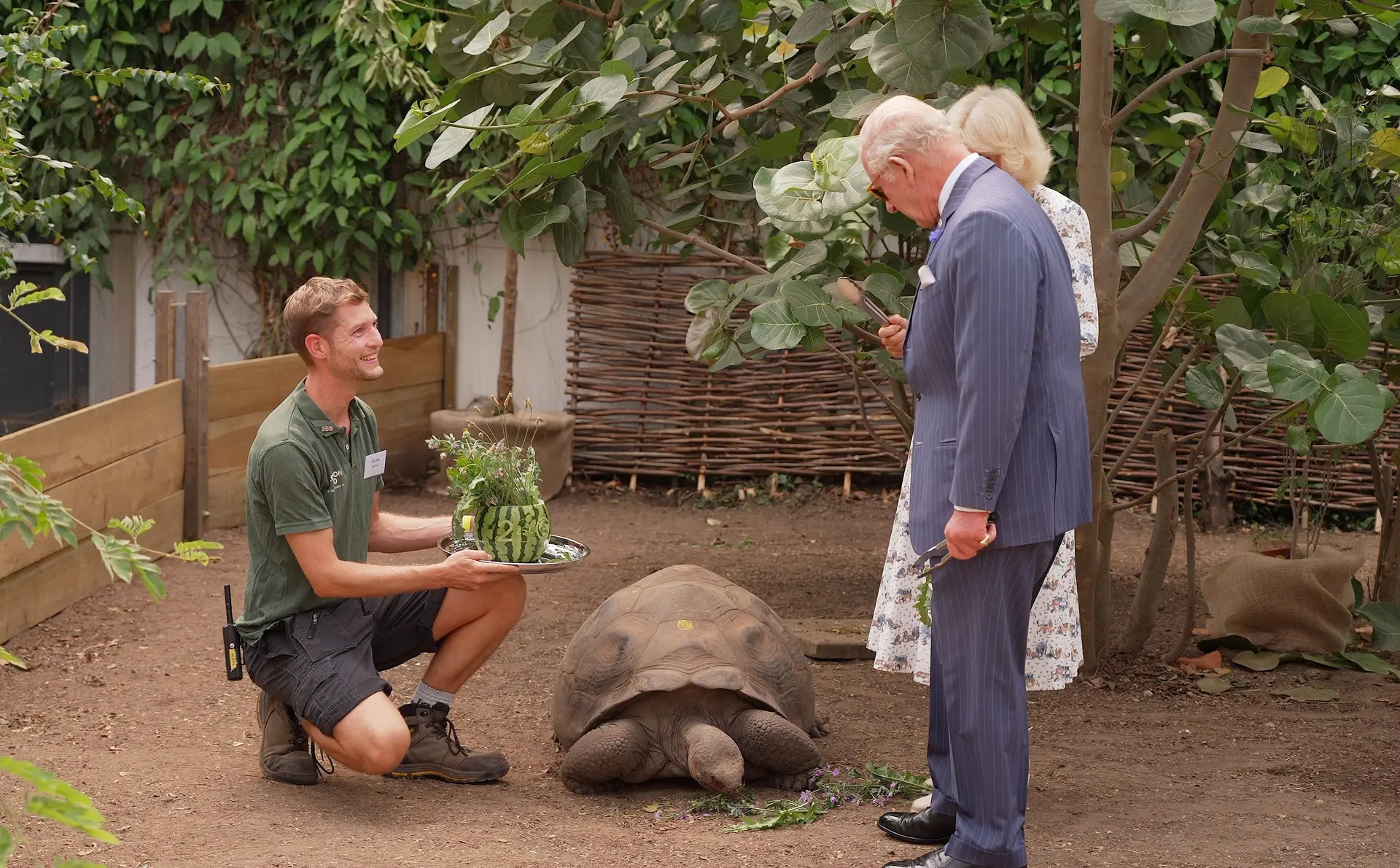 Dan Kane with watermelon bouquet next to Molly the Galapagos Tortoise and HRM King Charles and HRM Queen Camilla.jpg