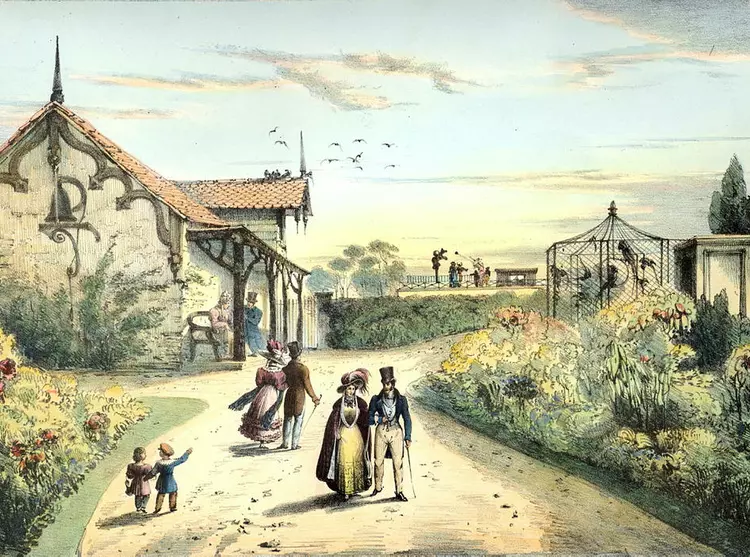 A view of London Zoo by James Hakewill from 1835 and featuring the Raven's Cage and the Llama House. In the background a bear is being fed by visitors. The Raven's Cage has since been relocated.