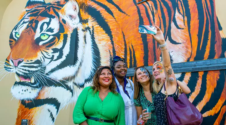 Four women posing in front of tiger mural