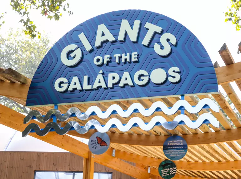 Giants of the Galápagos sign above the entrance to the habitat