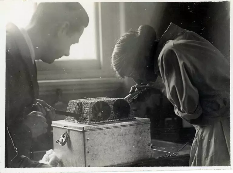 Joan Proctor and a zookeeper with her rodent device for holding snakes.