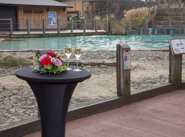 A small black table with two flutes of champagne and flowers ready for an event 