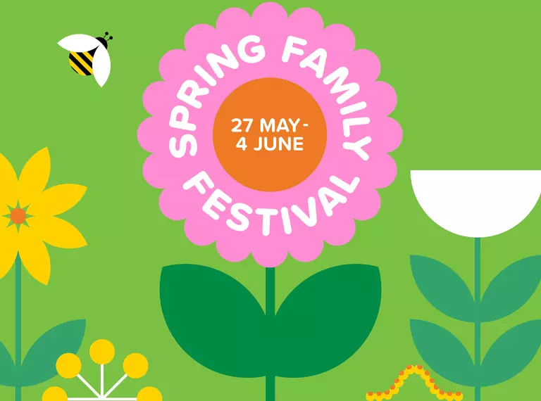 A big pink and orange flower with Spring Family Festival written on it is surrounded by other colourful flowers and bugs on a bright green background