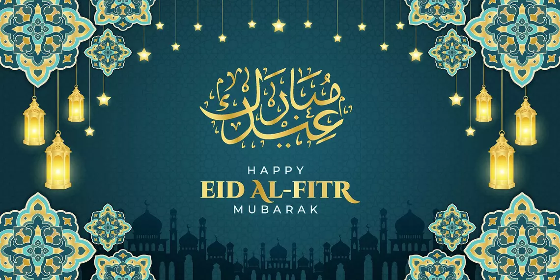 Happy Eid Al-Fitr Mubarak greeting with Islamic ornaments and decorations