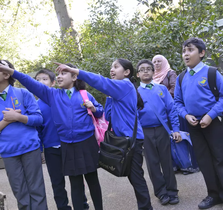 Students excitedly point to the left at London Zoo